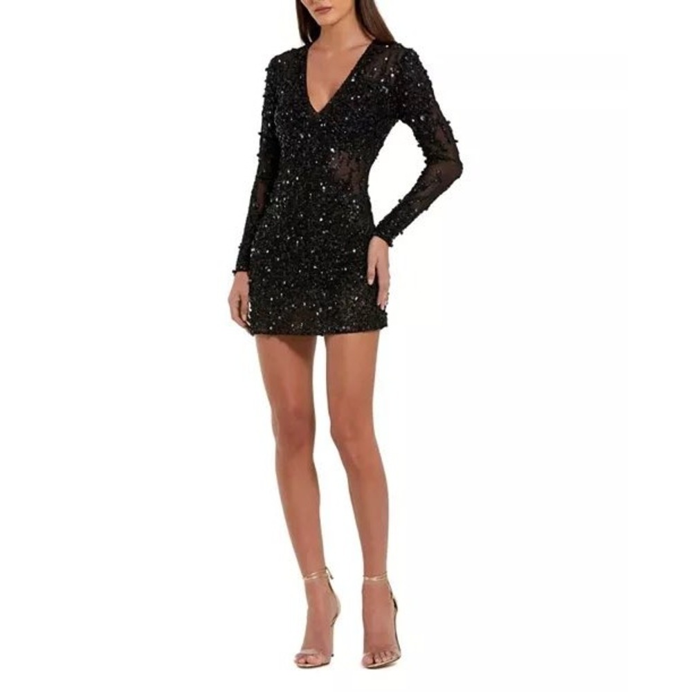 Mac Duggal 10976 Black Sequin Long Sleeve V-Neck‎ Mini Dress Womens Size 2 NWT